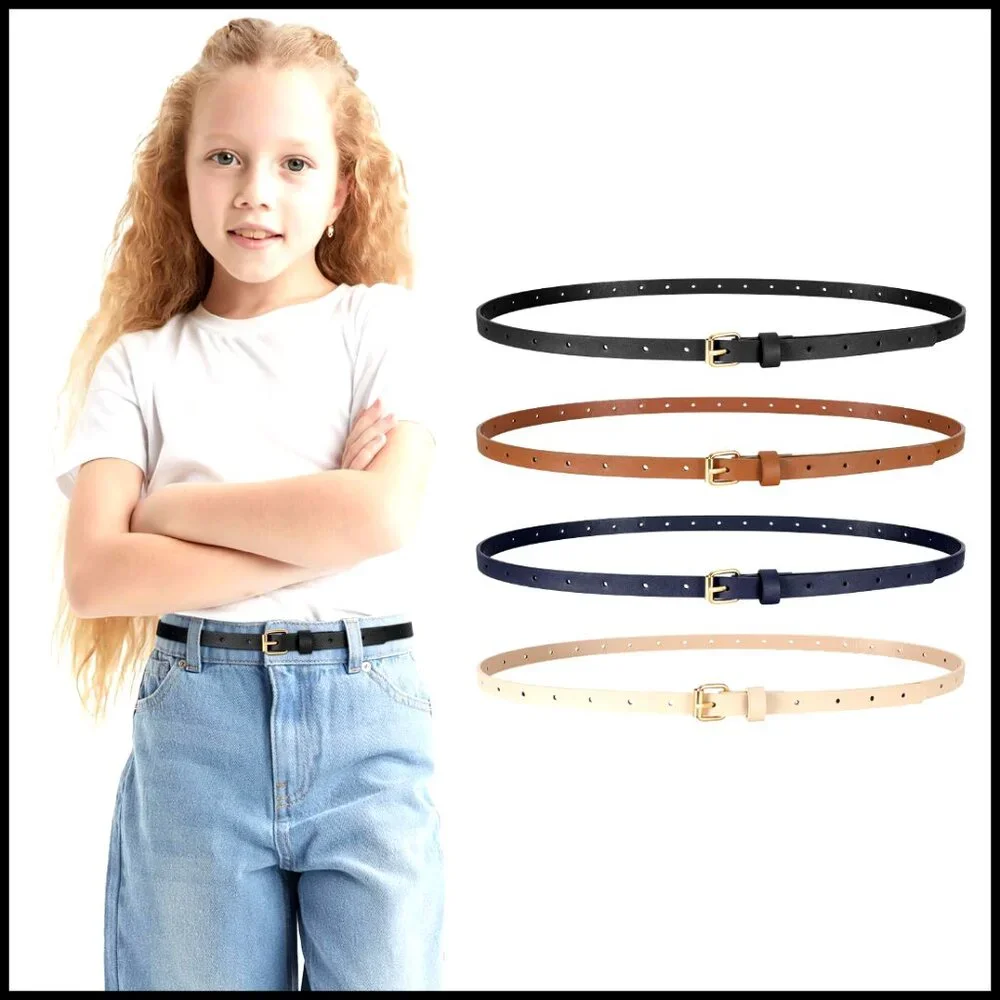 Girls Skinny Leather Belts Set 4 Pack Thin Waist Belts Gold Buckle Classic